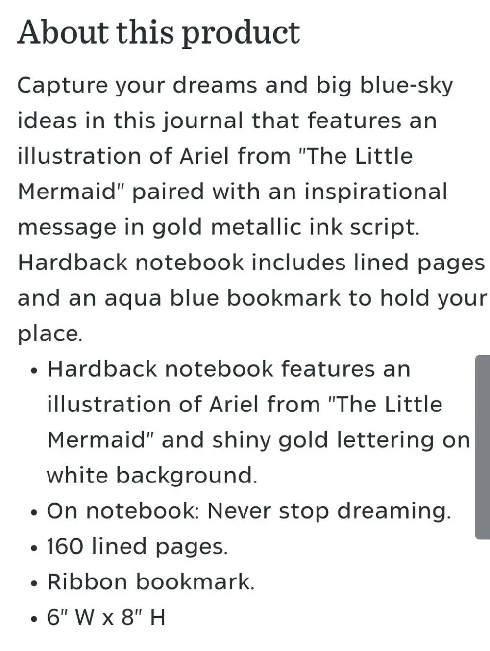 Hallmark Disney Princess Never Stop Dreaming Little Mermaid Hardback Notebook